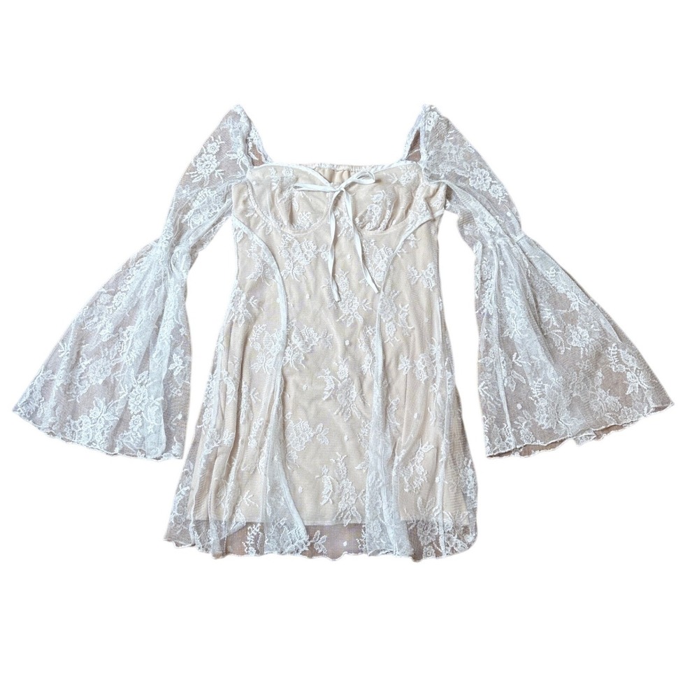 SHEIN Lace Mini Dress Women White‎ Boho Bell Sleeve Fairycore SIZE L